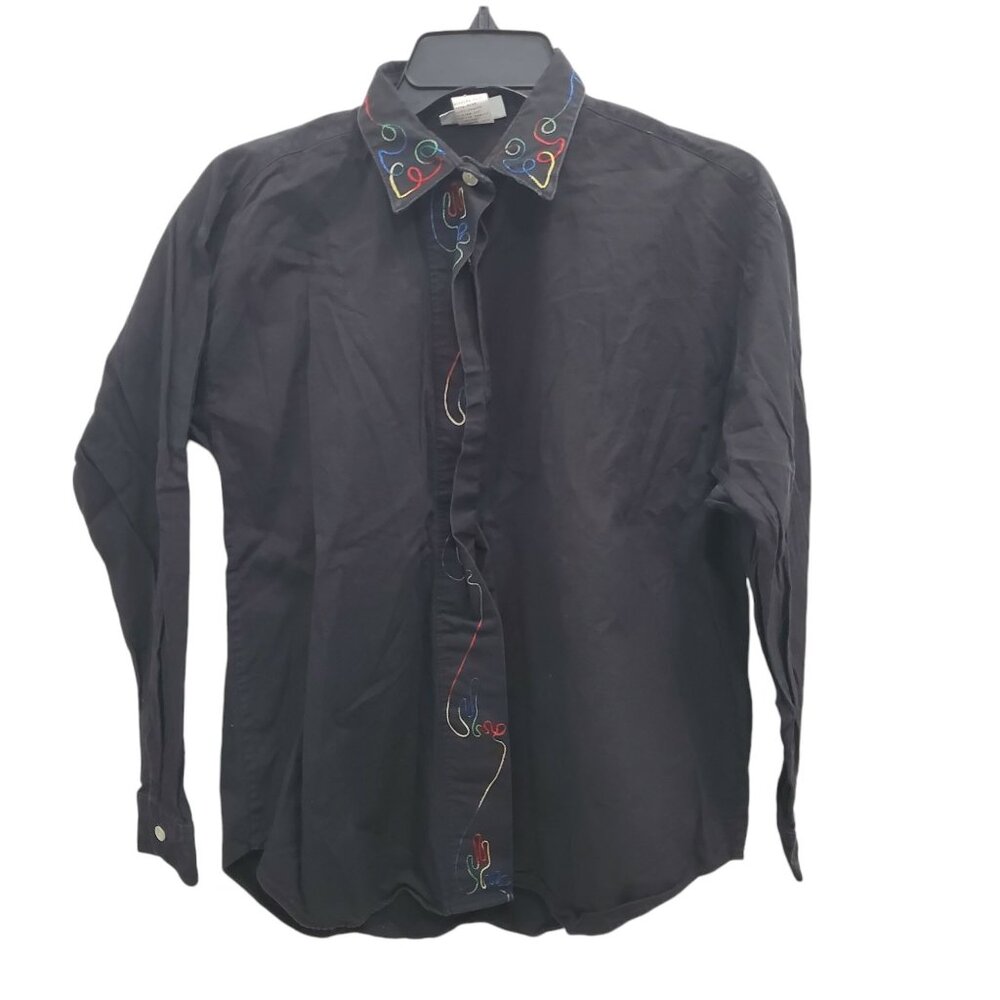 Balfour Vintage Women's Black‎ Rainbow Western Embroidery Button Up LS Shirt L